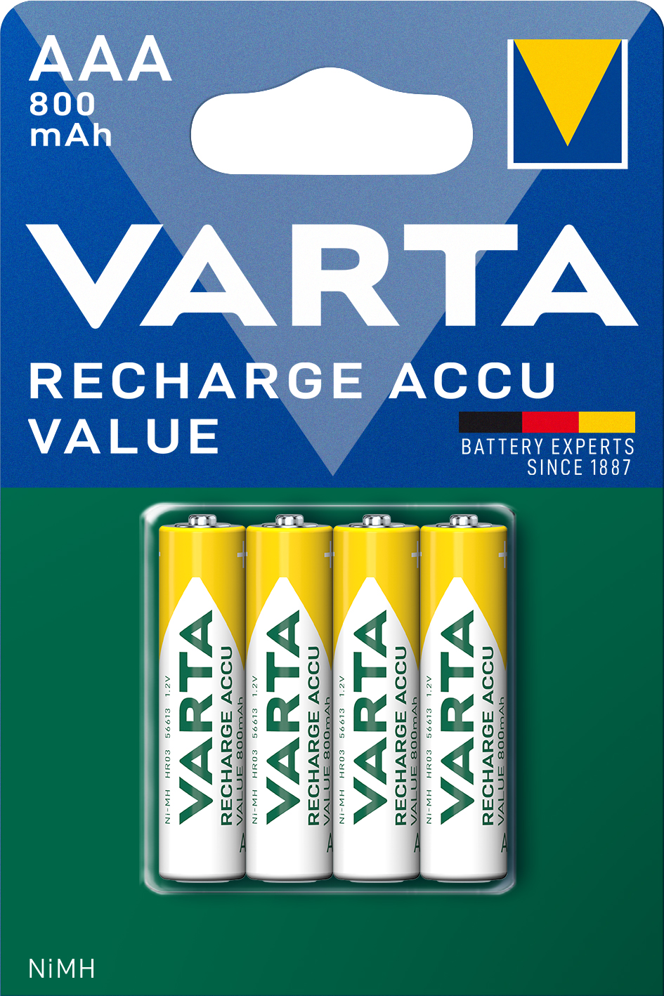 Vier AAA-Akkus in einer Verpackung. Die Akkus sind gelb und grün mit der Aufschrift VARTA.
