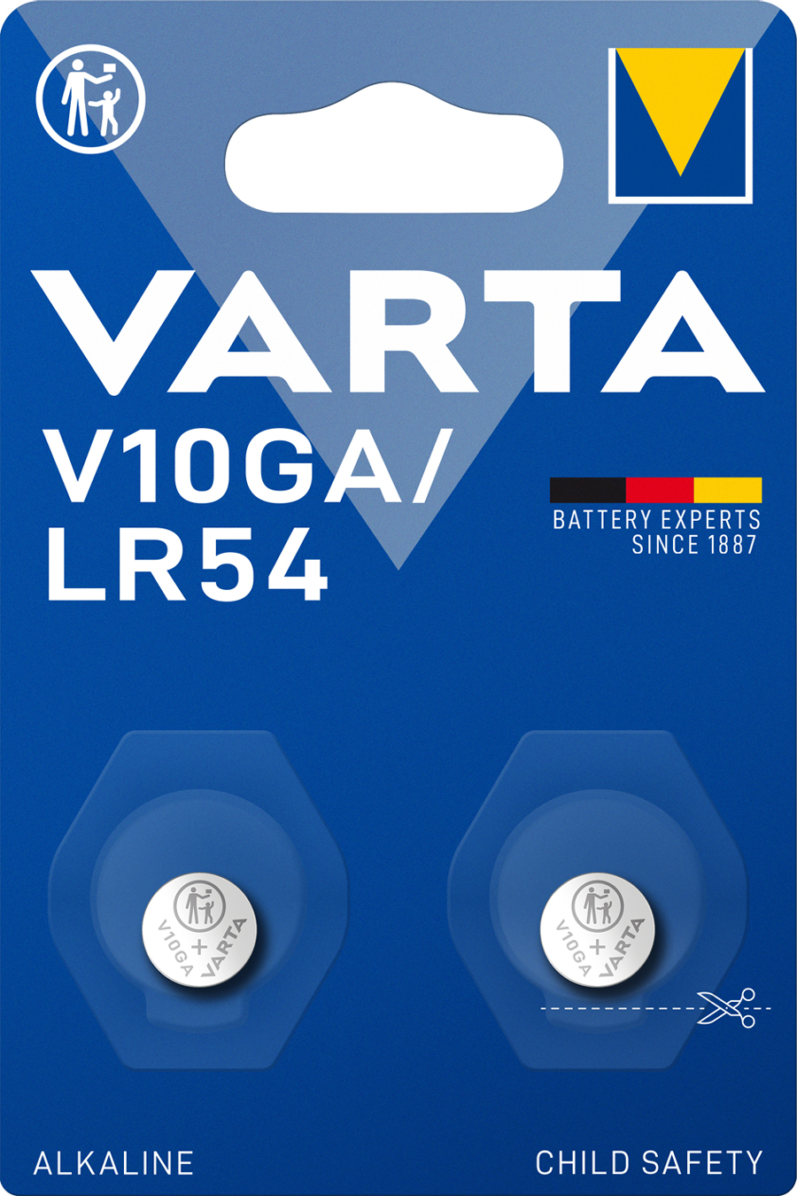 Blisterverpackung mit zwei kleinen Batterien. Auf der Verpackung steht VARTA V10GA/LR54.