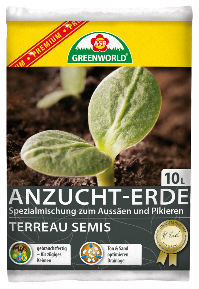 Beutel mit Anzucht-Erde für das Aussäen und Pikieren. Auf der Verpackung sind kleine Pflanzen zu sehen.