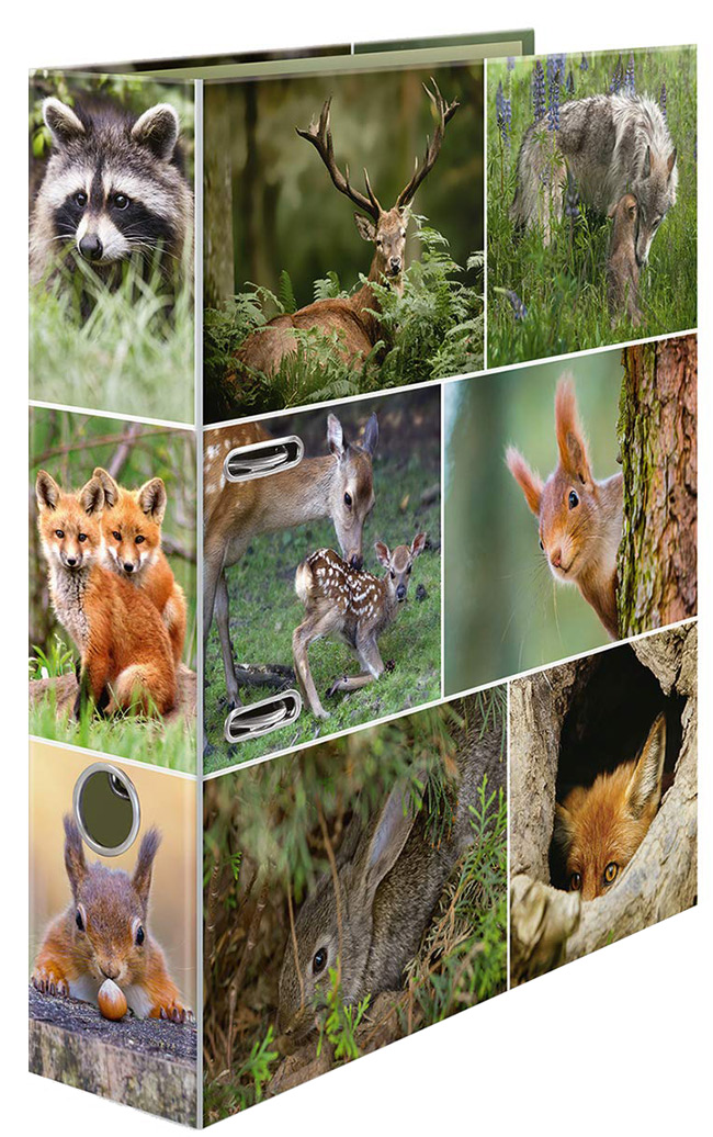 Ordner mit verschiedenen Tierbildern. Abgebildet sind unter anderem ein Waschbär, Rehe und Füchse.