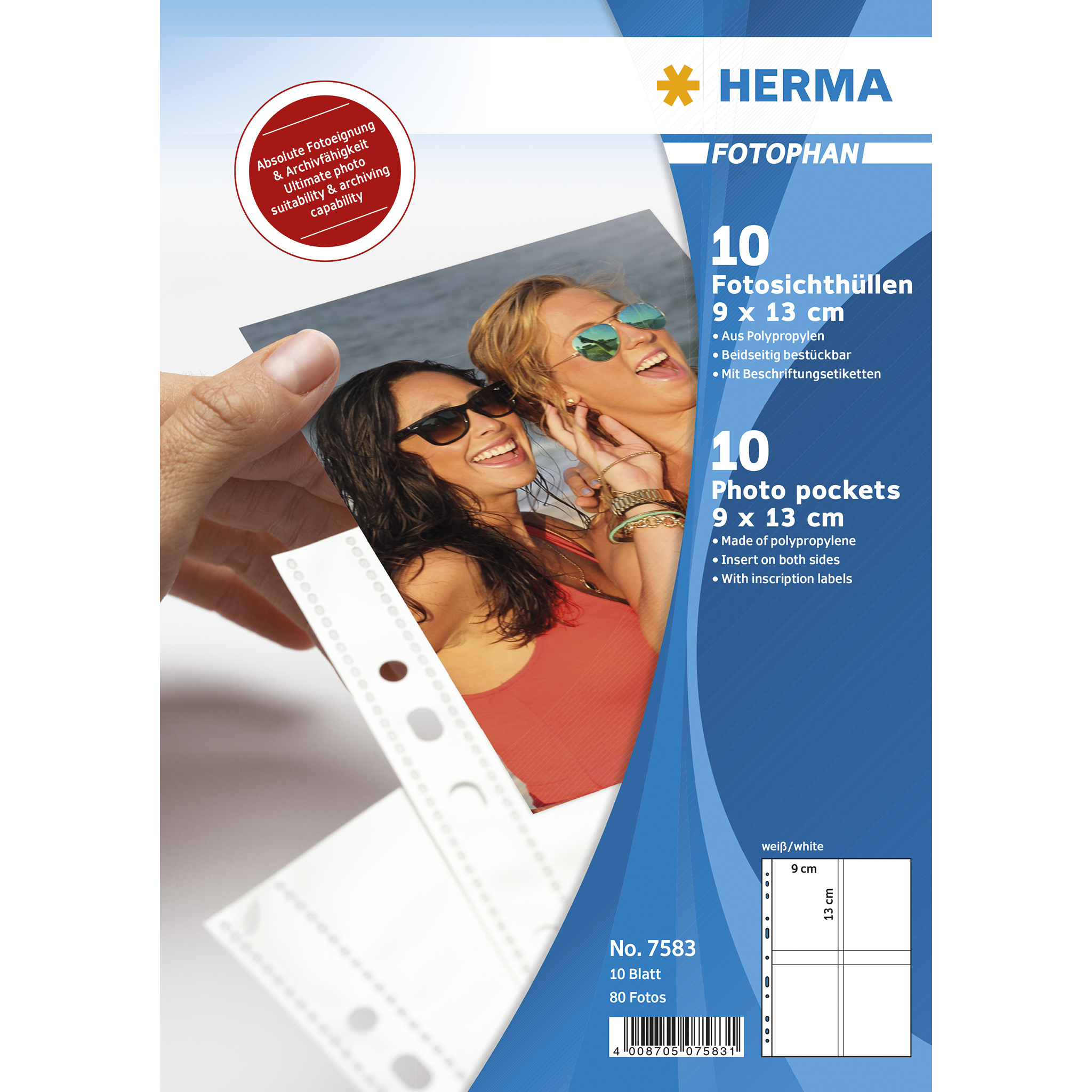 Packung mit 10 Fototaschen für 9 x 13 cm Fotos. Transparent, aus Polypropylen. Beidseitig einsteckbar. Enthält Beschriftungsetiketten.