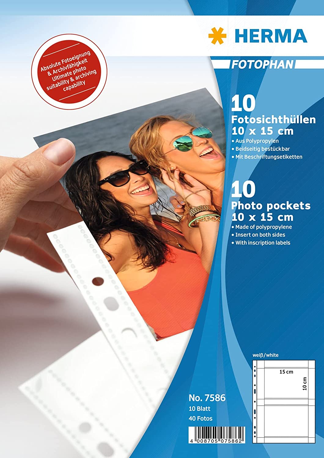 Packung mit 10 Fotosichttüllen für 10 x 15 cm Fotos. Aus Polypropylen, beidseitig bestückbar.