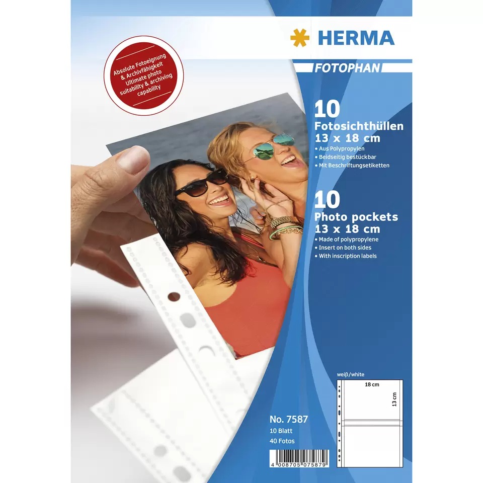 Verpackung mit 10 Fotohüllen für Fotos in der Größe 13 x 18 cm. Hüllen aus Polypropylen, geeignet für Archivierung.