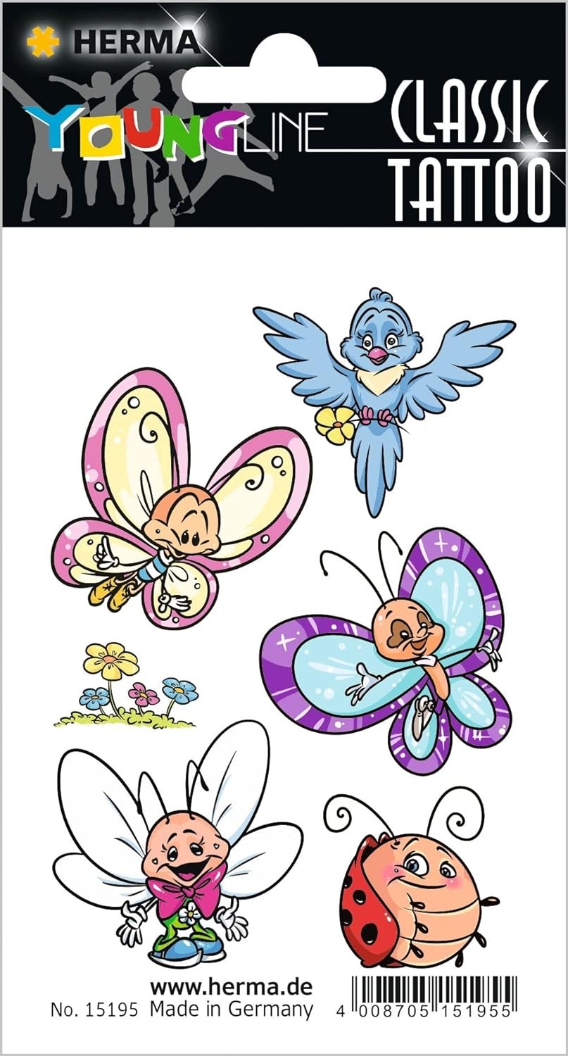 Bunte temporäre Tattoos mit verschiedenen Motiven. Darunter Schmetterlinge, ein Vogel und Blumen.