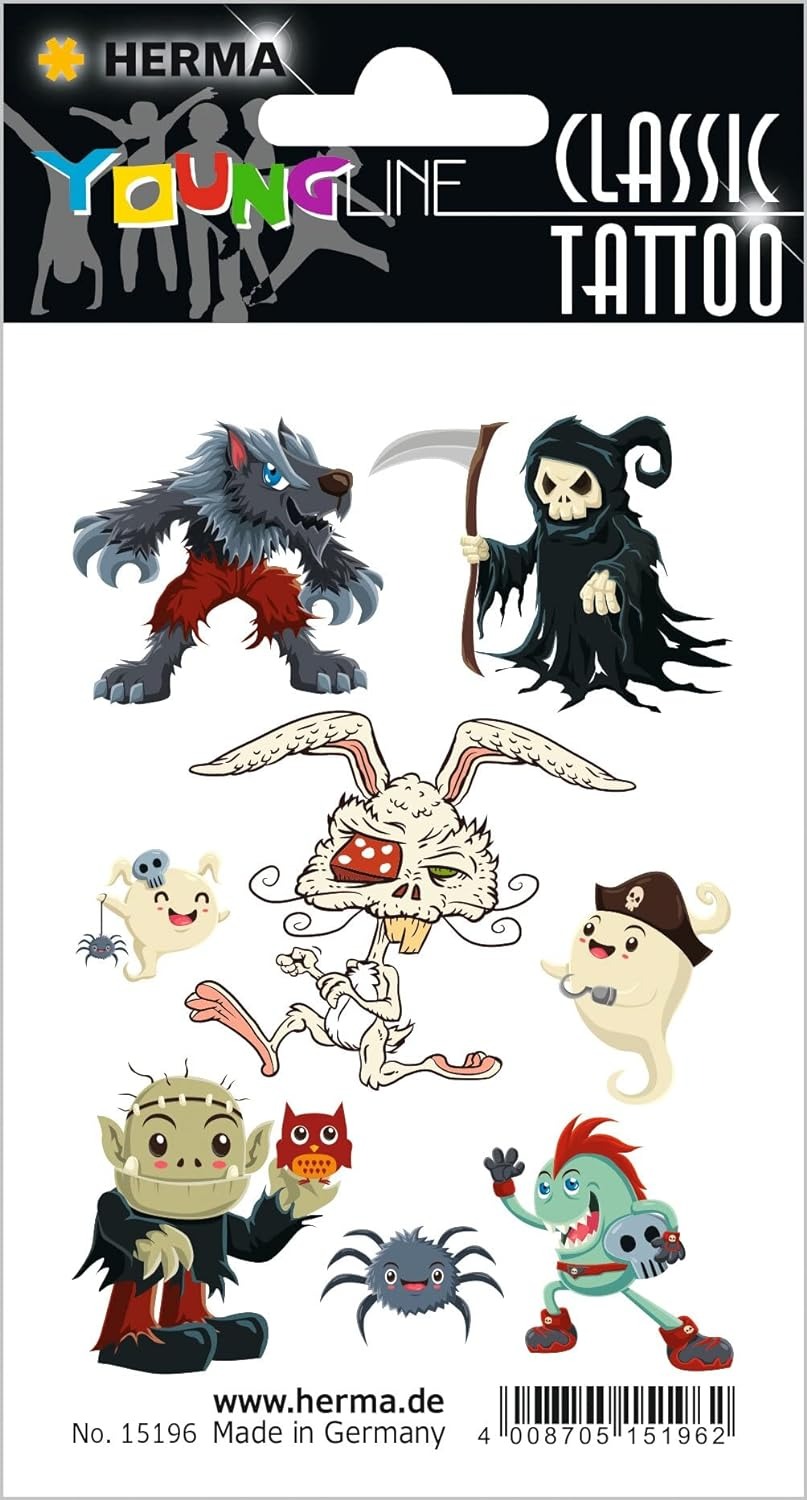 Bogen mit verschiedenen bunten Tattoos. Motive sind Tiere, Monster und Geister.