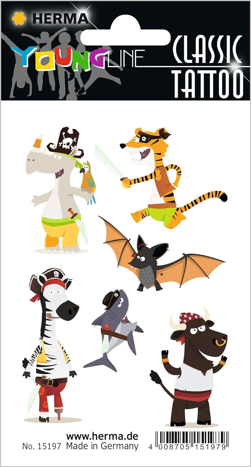 Tattoo-Aufkleber mit bunten, cartoonhaften Tieren. Tiere in Piratenkostümen, darunter ein Zebra, ein Hai und ein Drache.