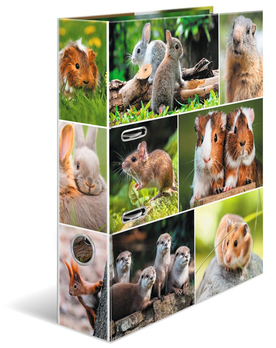 Ordner mit Bildern von verschiedenen kleinen Tieren. Zu sehen sind Meerschweinchen, Kaninchen, Eichhörnchen und Otter.