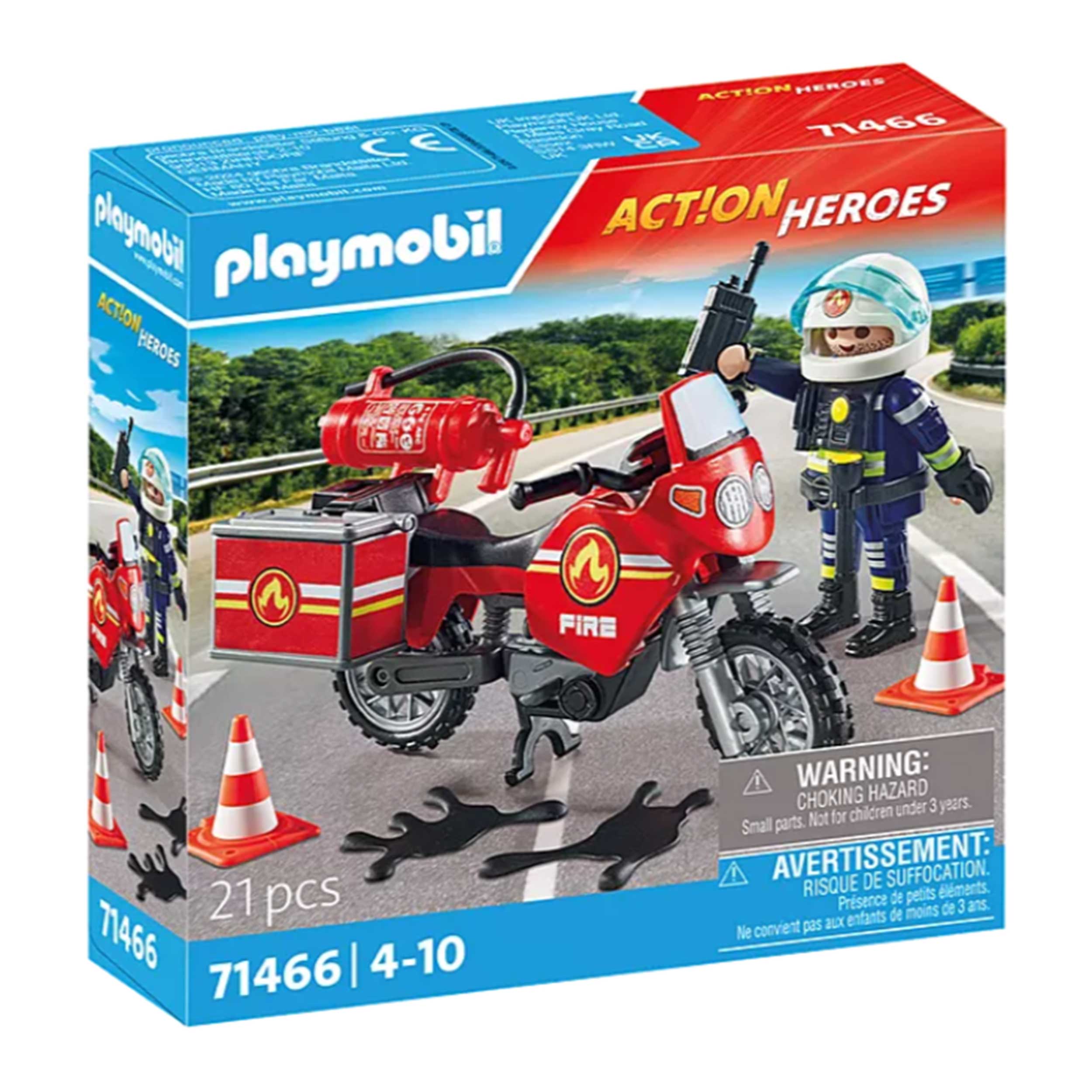 Playmobil Set mit Feuerwehrmotorrad. Rotes Motorrad mit Feuerlöscher und Koffer. Figur in Feuerwehruniform. Zubehör: Verkehrscones und schwarze Pfützen.