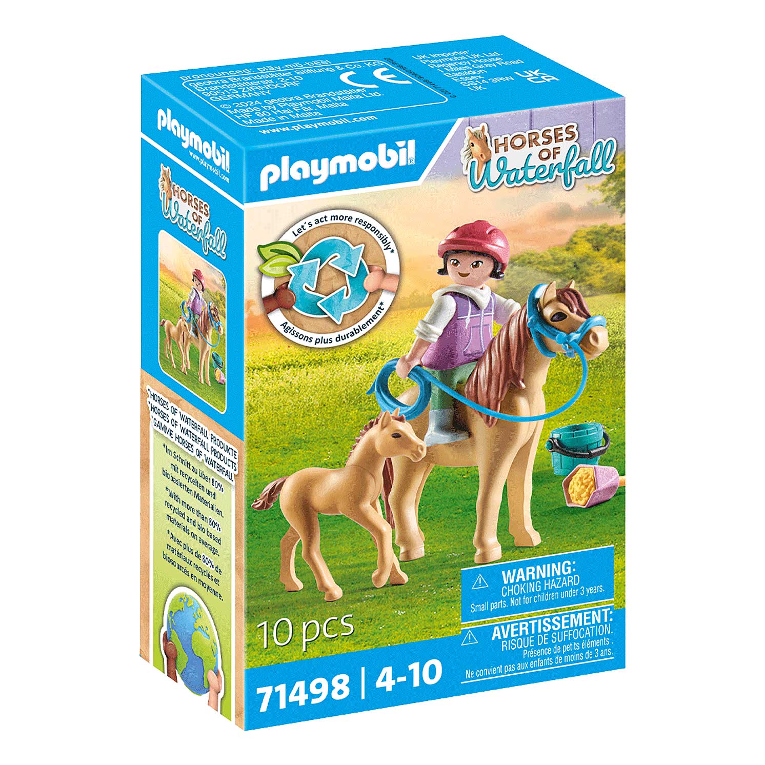 Spielzeugset von Playmobil mit einer Figur, einem Pferd und einem Fohlen. Verpackung zeigt eine grüne Wiese im Hintergrund.