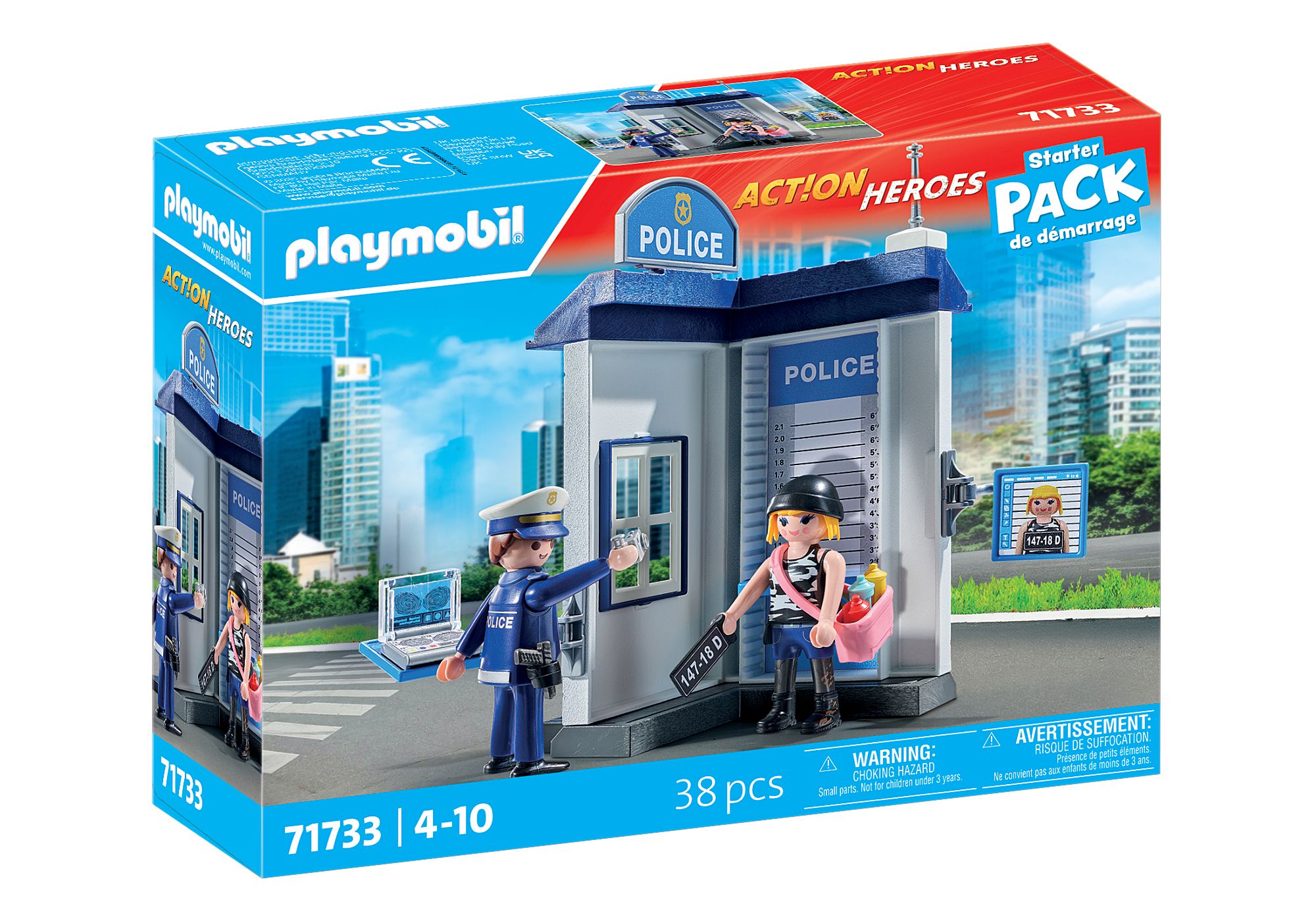 Playmobil Spielset mit Polizeistation. Zwei Figuren, ein Polizist und eine Person mit Tasche.