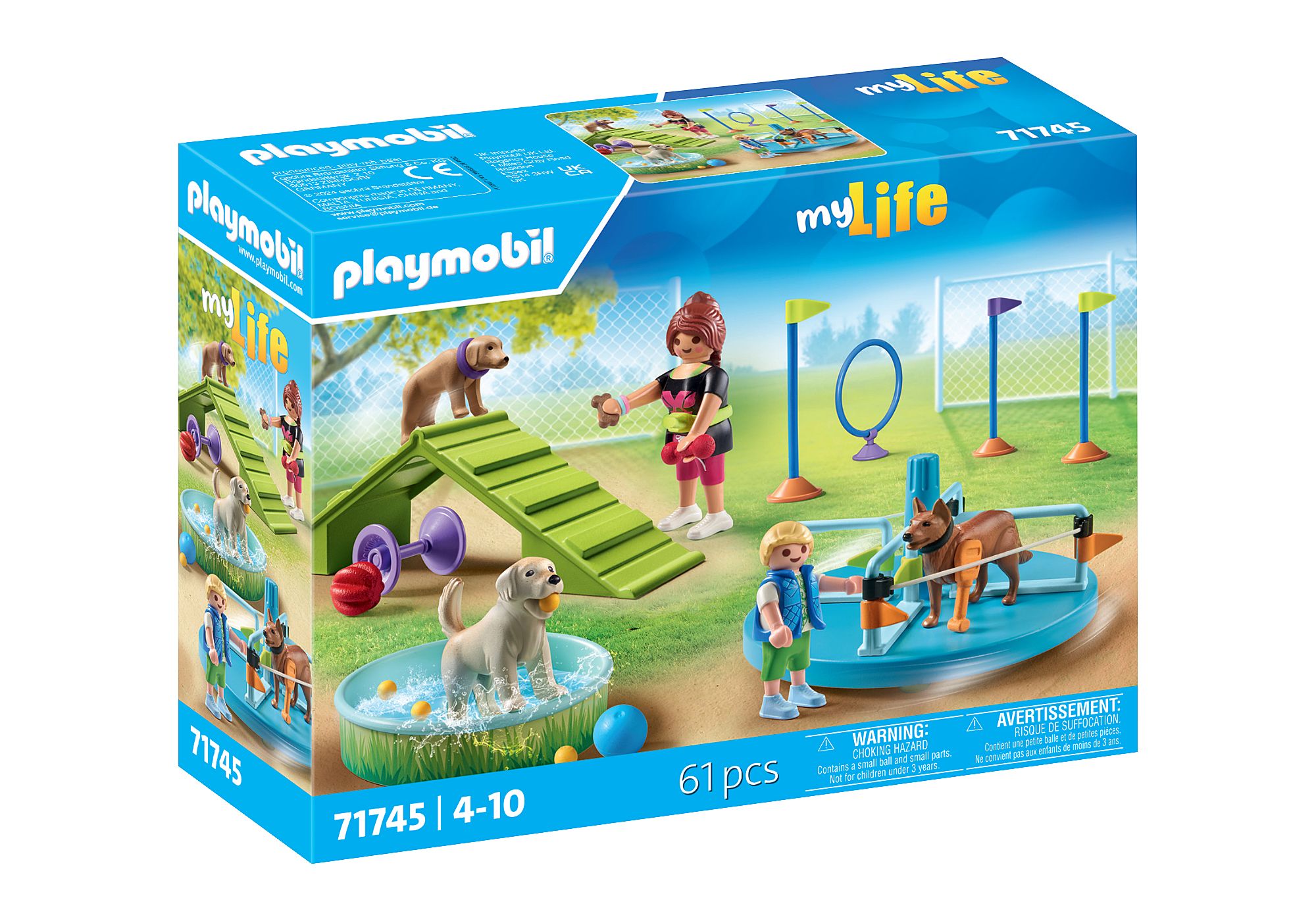 Spielset von Playmobil mit Hunden und Figuren. Enthält eine Hundetraining-Arena mit verschiedenen Spielzeugen.