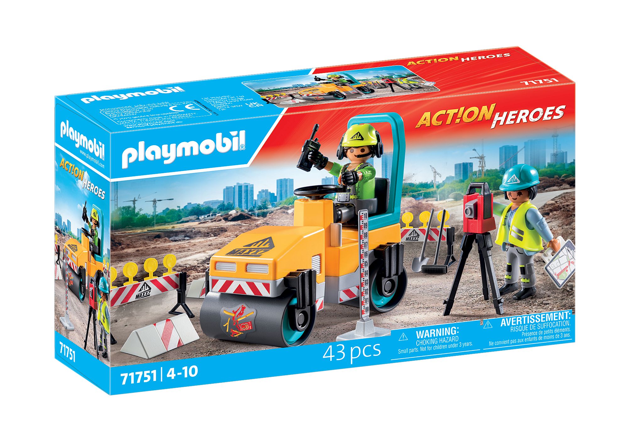 Playmobil Set mit Bauarbeitern und einer Straßenwalze. Enthält Werkzeuge und Absperrungen.