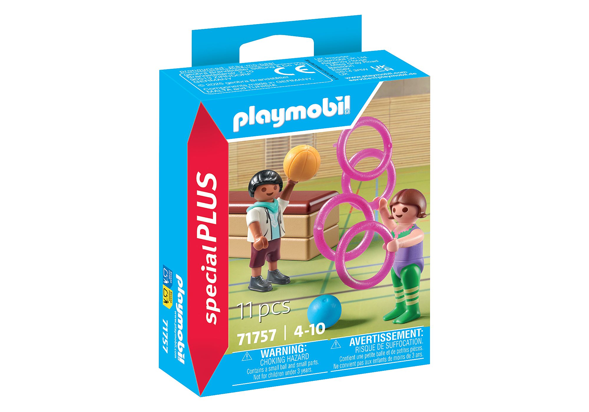 Playmobil Set mit zwei Figuren. Eine Figur hält einen Basketball, die andere spielt mit Ringen.