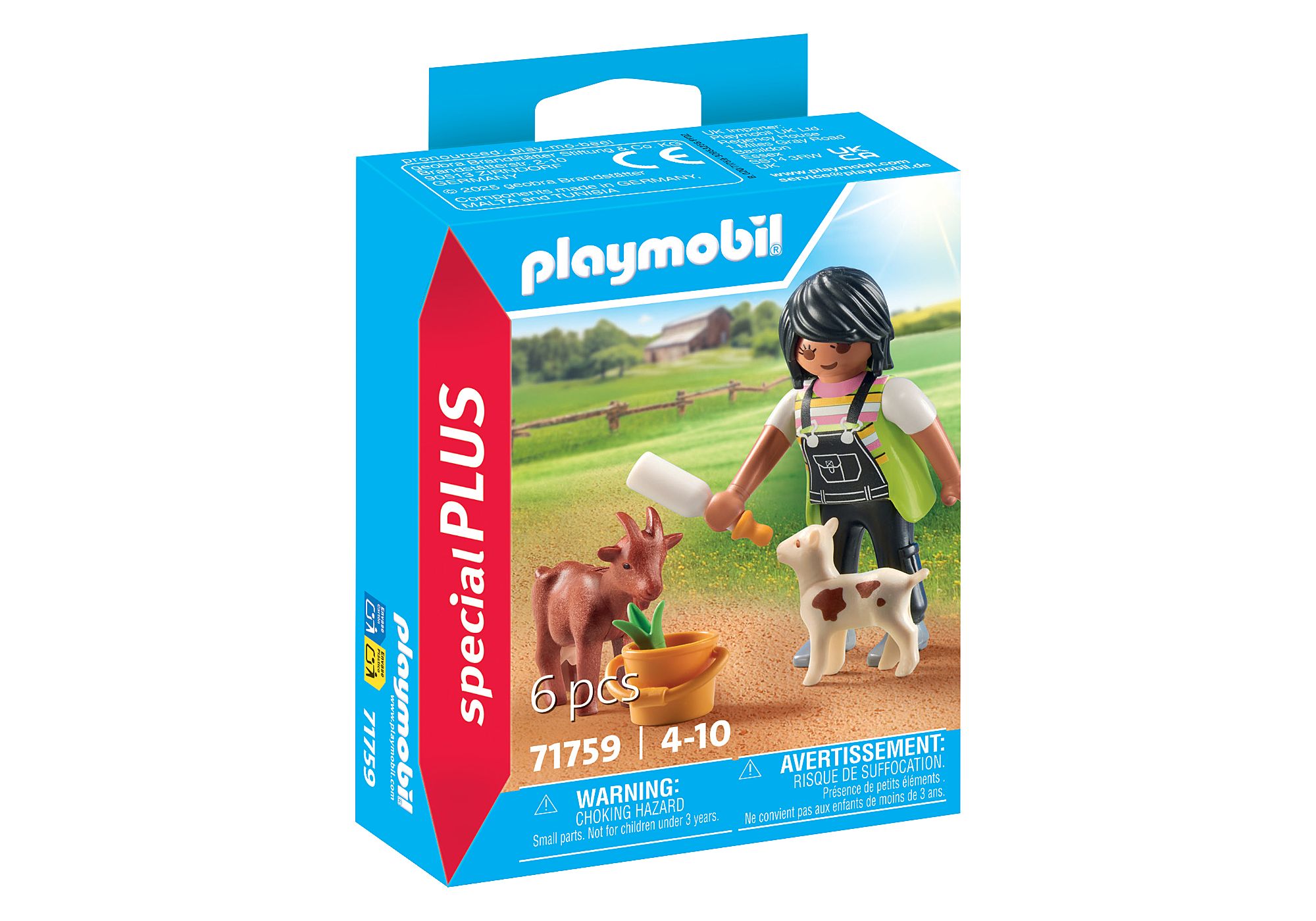 Spielzeugverpackung von Playmobil. Enthält eine Figur, zwei Tiere und Zubehör für die Tierpflege.