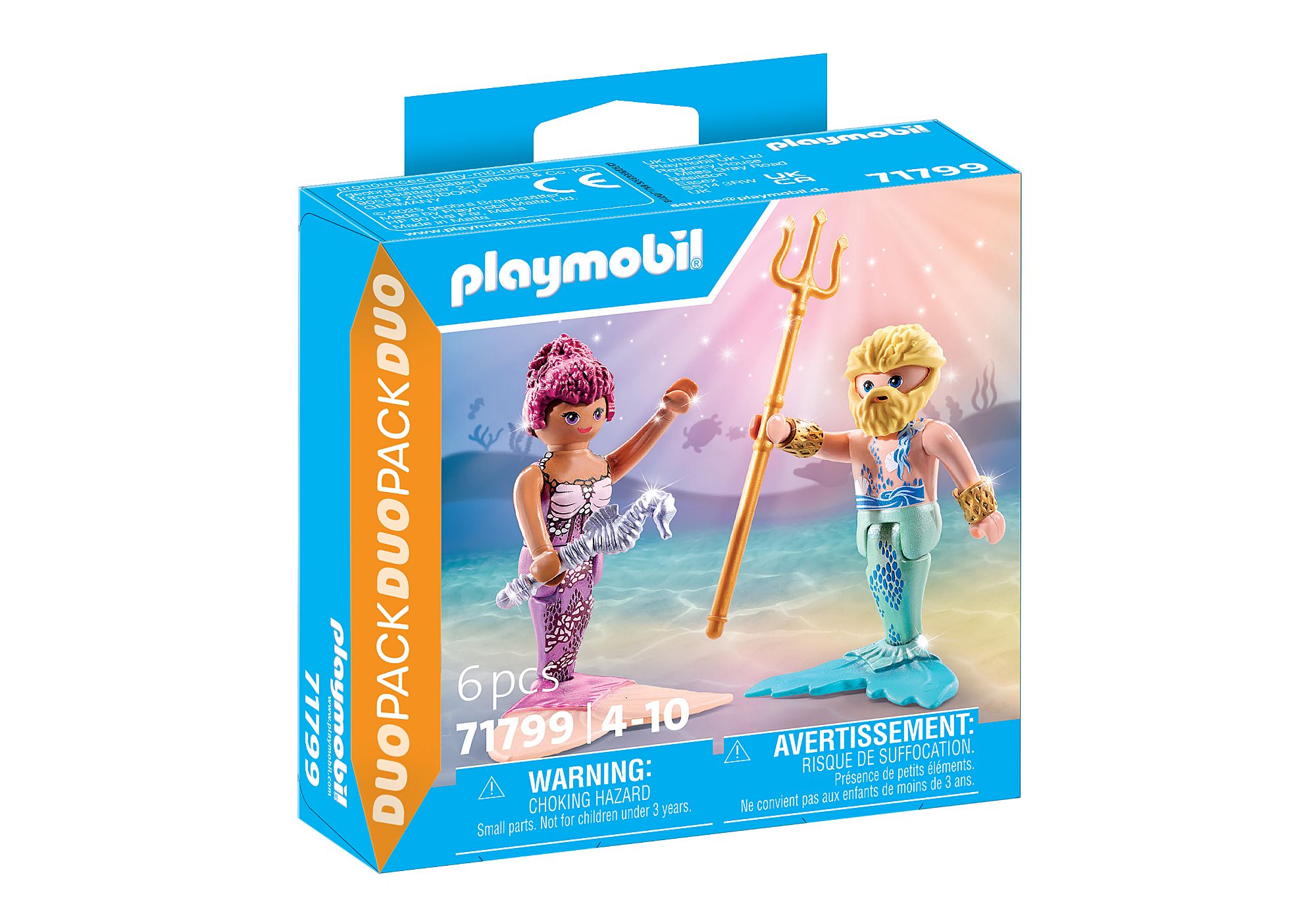 Playmobil Duo-Pack mit zwei Figuren: eine Meerjungfrau und ein Meereskönig. Beide Figuren sind farbenfroh und stehen auf einer Unterwasserlandschaft.
