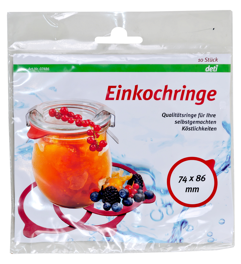 Verpackung mit Einkochringen. 10 Stück. Rote Ringe für Einmachgläser. Abgebildetes Glas mit orangefarbener Marmelade und Beeren.