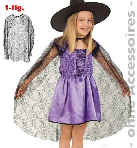 Kostüm für Kinder mit lila Kleid und schwarzer Umhang. Dazu ein schwarzer Hexenhut.