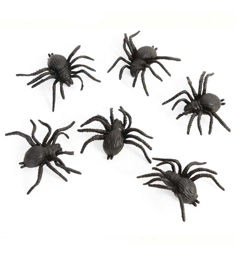 Sechs schwarze Plastikspinnen. Sie sind realistisch gestaltet und liegen auf einem weißen Hintergrund.