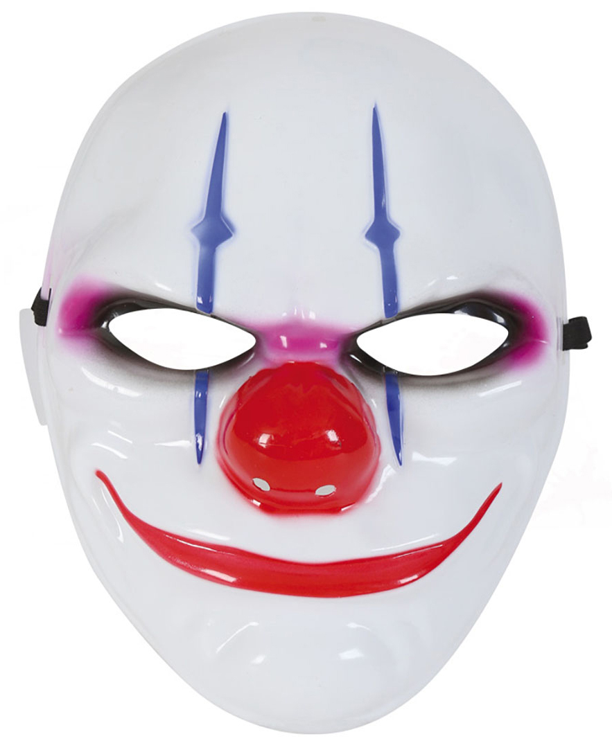 Weiße Clownmaske mit roter Nase. Blau und pinke Akzente auf der Oberfläche.