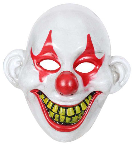 Clownmaske mit weißen Grundfarbe. Rote Augenbrauen und Nase. Breites, grinsendes Mund mit gelben Zähnen.