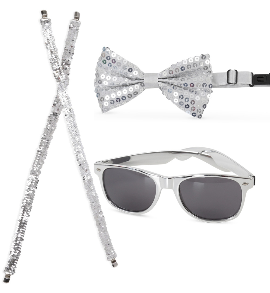 Set Pailletten Brille, Hosenträger und Fliege silber