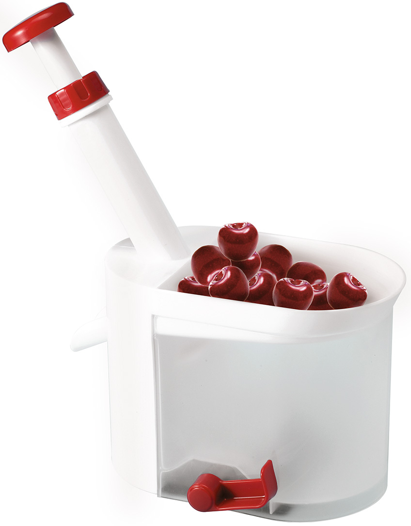 weißer Behälter mit rotem Griff. Enthält kleine rote Äpfel. Auslass für die Äpfel an der Seite.