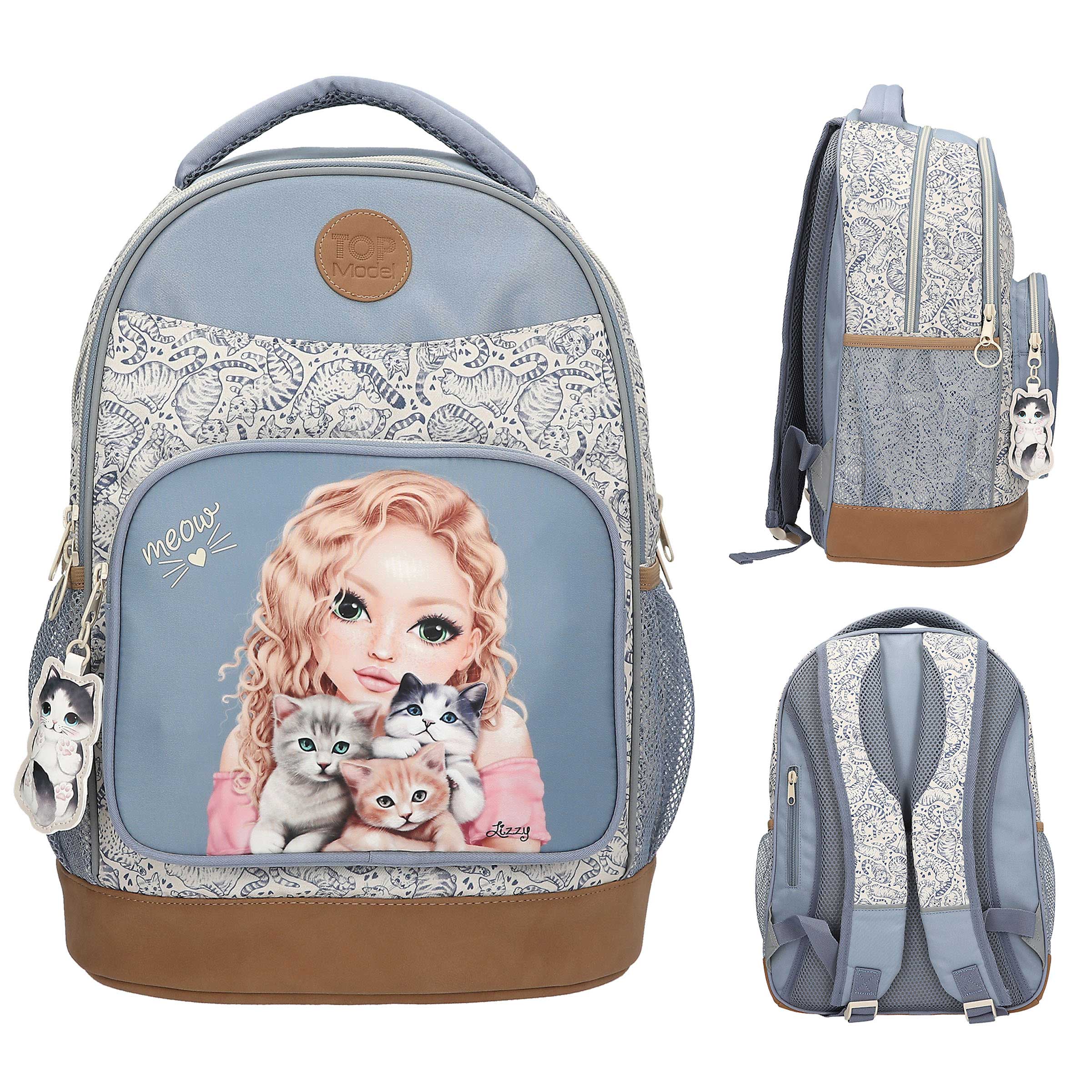 blauer Rucksack mit einem Bild eines Mädchens und drei Katzen. Der Rucksack hat ein florales Muster und braune Akzente.