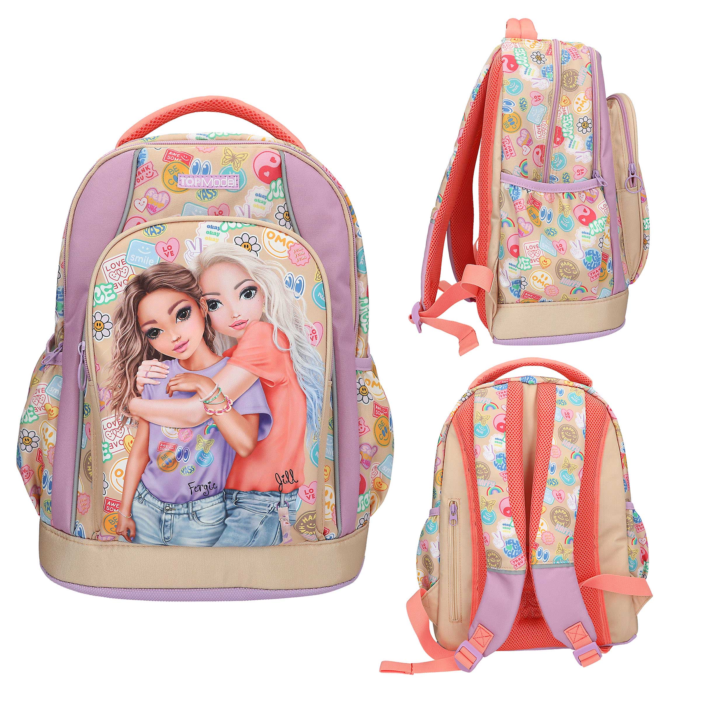 Rucksack mit buntem Design und zwei Mädchen auf der Vorderseite. Farbenfroh mit verschiedenen Mustern und Taschen.