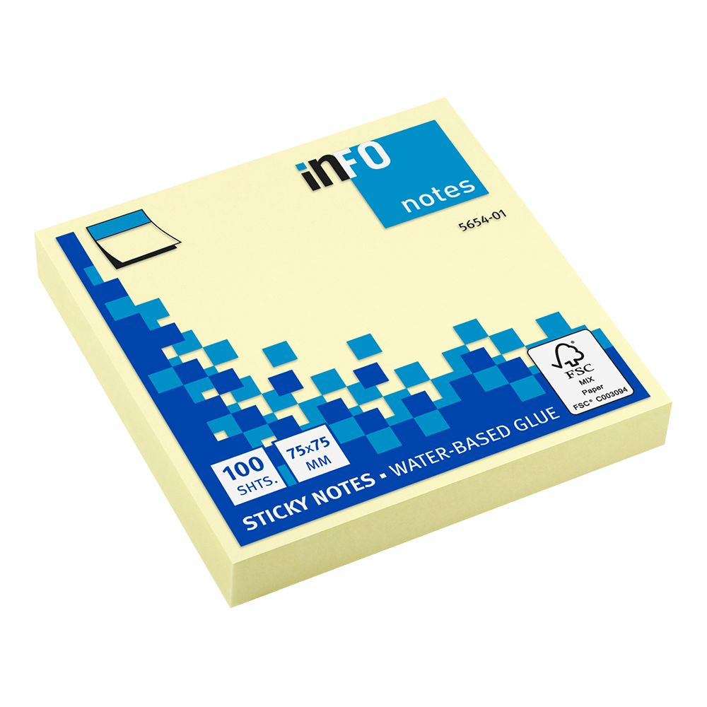 Gelbe Haftnotizen, quadratisch, 75x75 mm, 100 Blätter. Verpackung mit blauem Design und Wasser-basiertem Kleber.