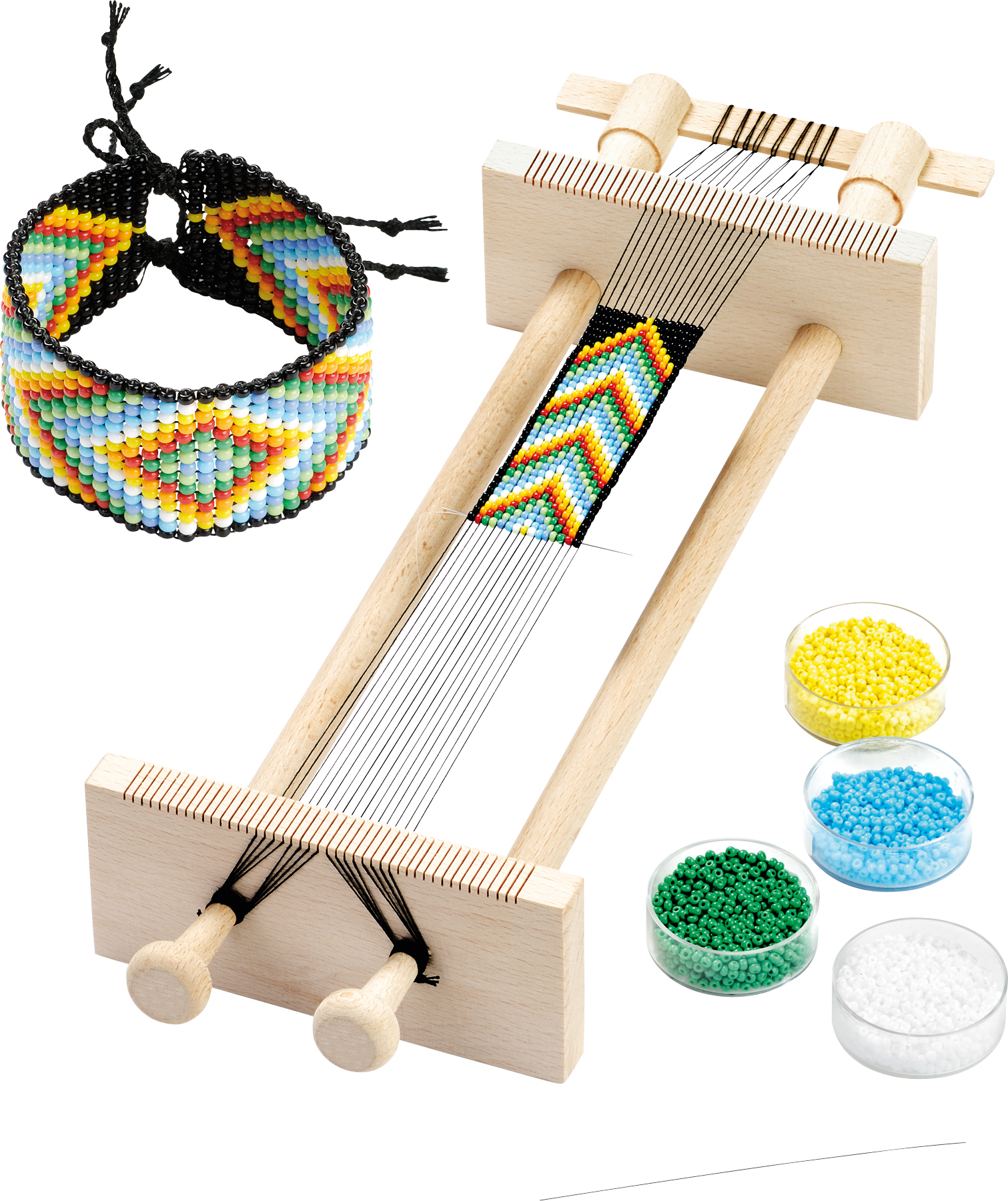 Perlenwebrahmen mit bunten Perlen. Ein fertiges Armband in Regenbogenfarben. Verschiedene Perlen in Schalen: gelb, grün, blau, weiß.