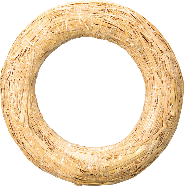 Runder Kranz aus Naturmaterialien. Helle, strohähnliche Struktur.