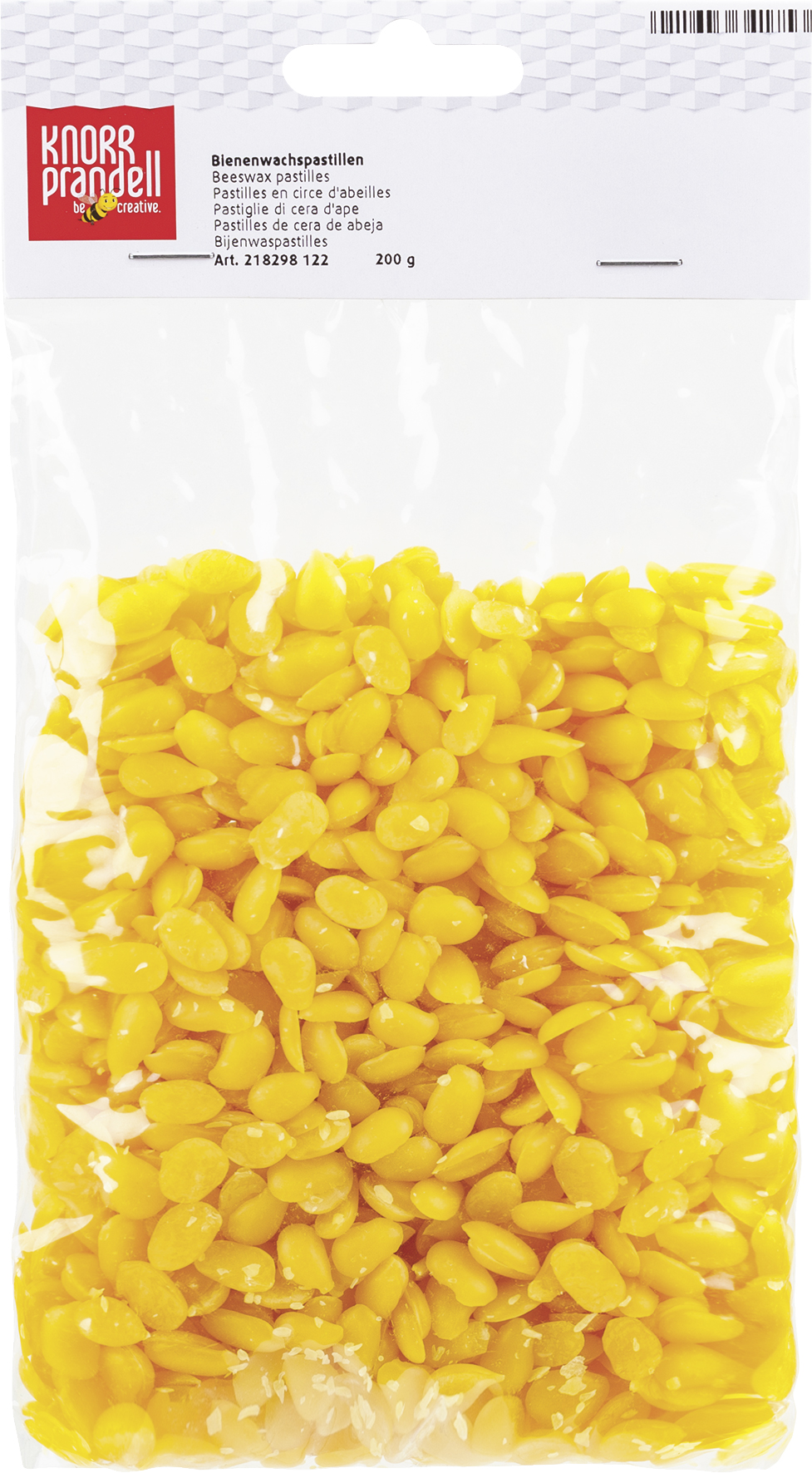 Beeswax pastilles in gelber Farbe. Verpackt in einer transparenten Tüte.
