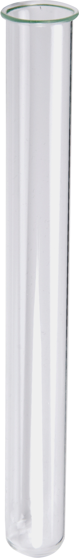 Durchsichtiger Reagenzglas aus Glas. Lang und zylindrisch.