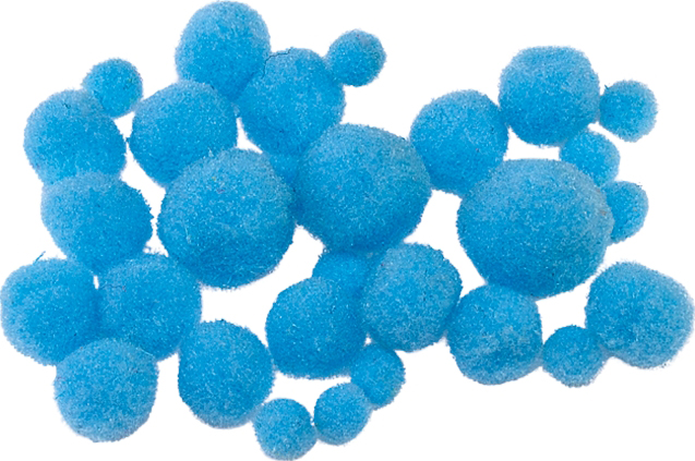 Blaue, flauschige Kugeln in verschiedenen Größen. Sie sind gleichmäßig und rund geformt.