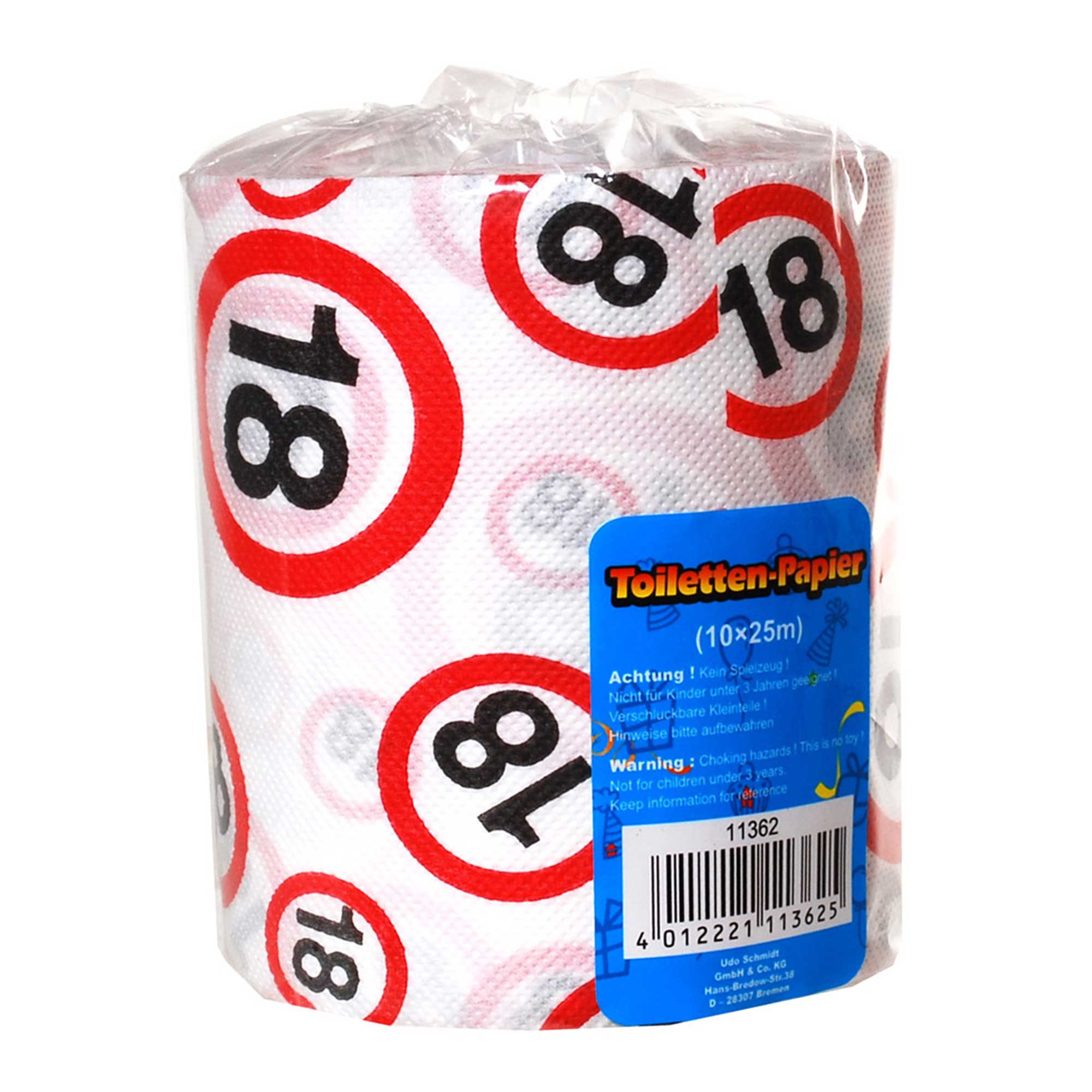 Rolle Toilettenpapier. Weiß mit roten und schwarzen Zahlen. Aufgedruckt sind die Zahlen 18 und 78. Verpackt in durchsichtiger Folie.
