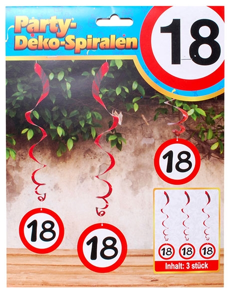 Spiral-Hängedeko - 18. Geburtstag, 3 Stück, rot/weiß 