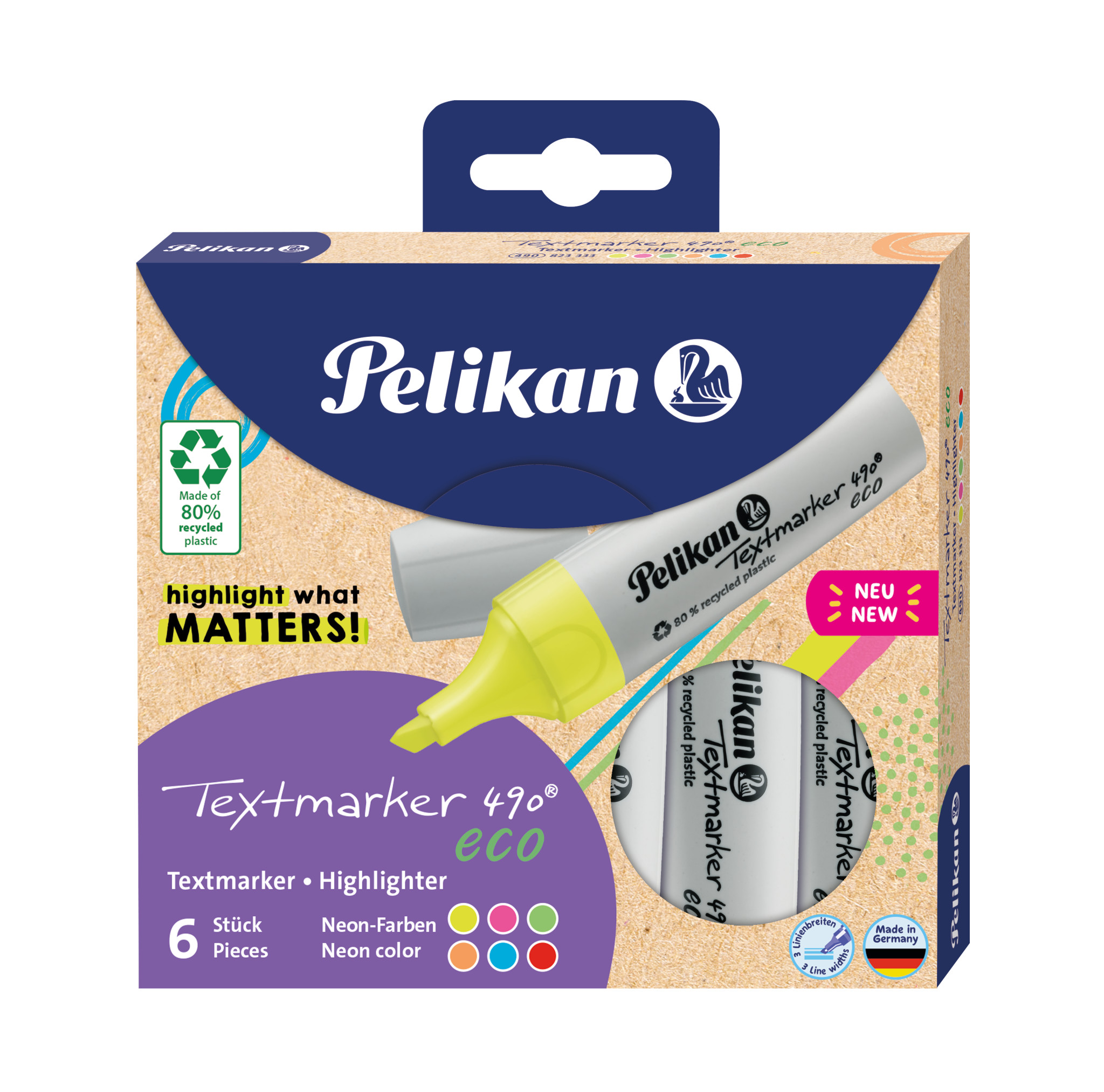 Packung mit sechs Textmarkern in Neonfarben. Hergestellt aus 80 Prozent recyceltem Kunststoff.