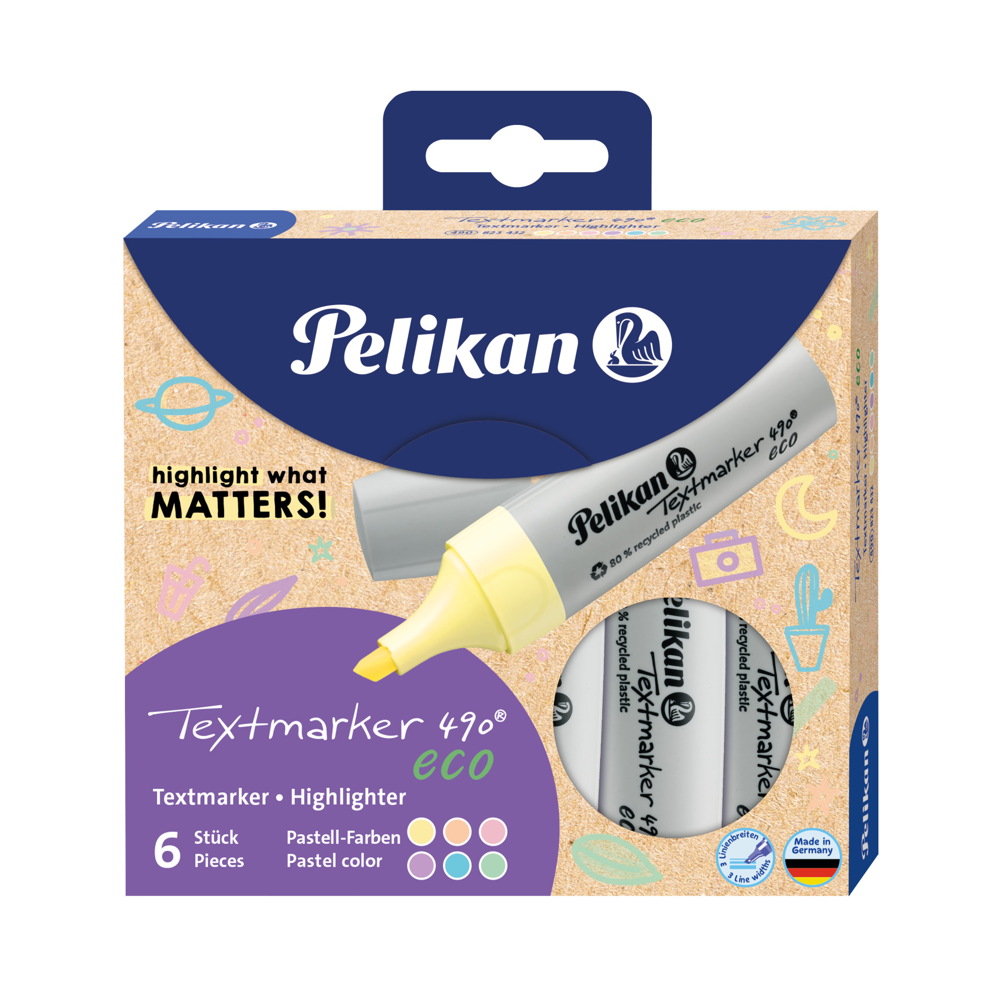 Packung mit sechs Textmarkern in Pastellfarben. Die Marker sind umweltfreundlich aus recyceltem Plastik.