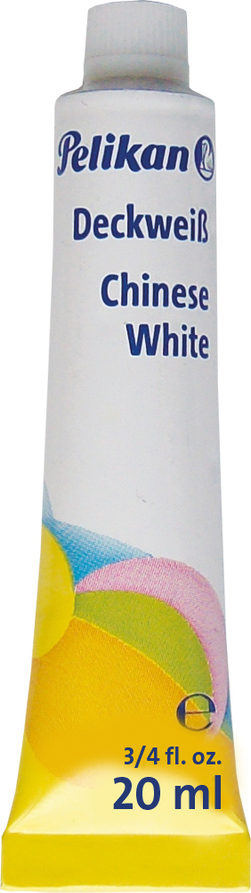 Tube mit weißer Farbe, beschriftet mit 'Pelikan Deckweiß Chinese White'. Inhalt 20 ml.