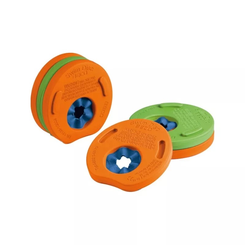 Drei farbige Schwimmdiscs in Orange und Grün. Runde Form mit einer zentralen Öffnung.