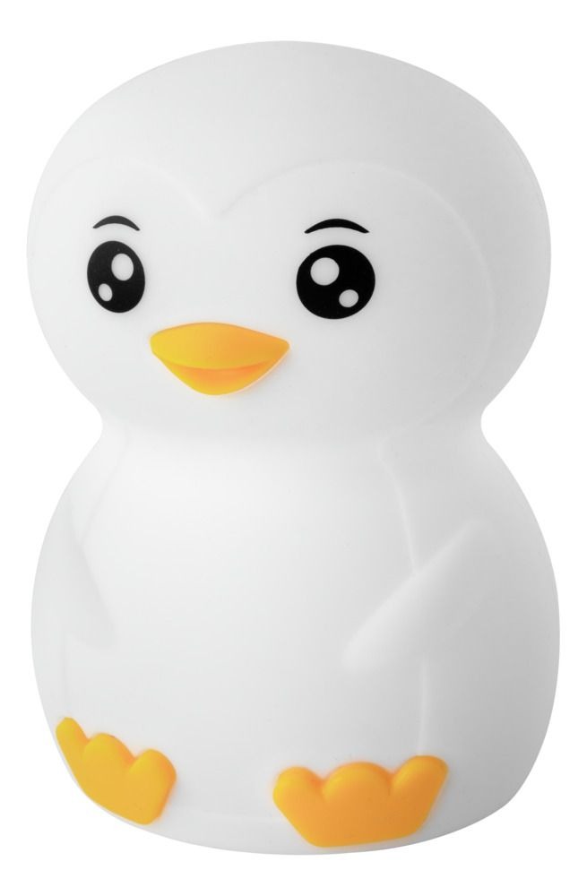 Kleiner, weißer Pinguin aus Kunststoff. Runde Form, große Augen, orangefarbener Schnabel und Füße.