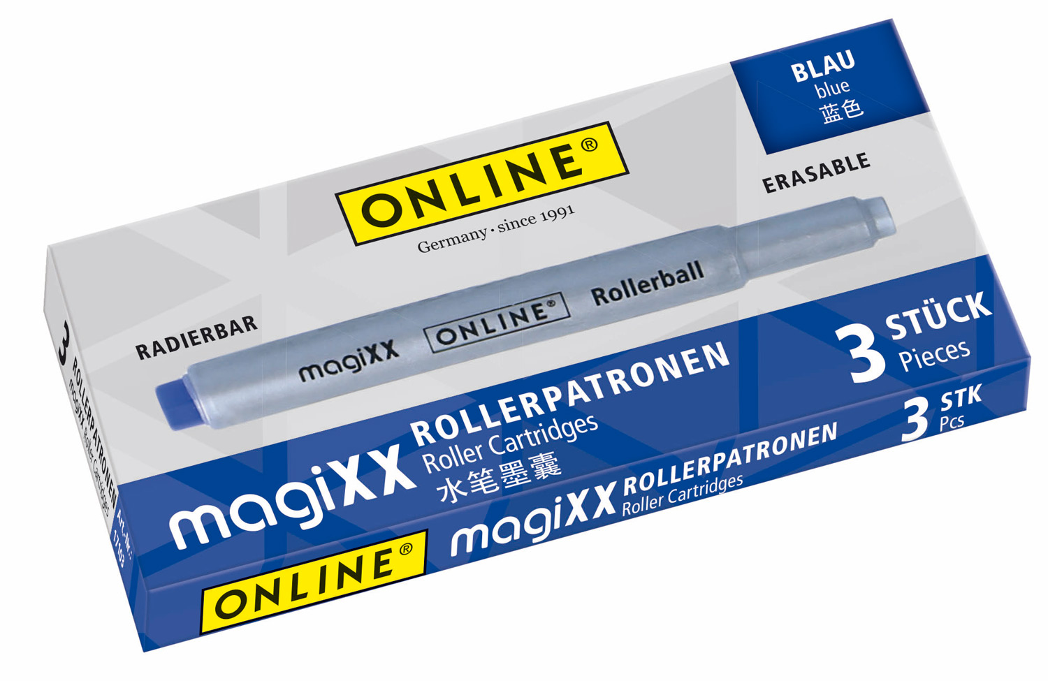 Packung mit drei blauen Rollerpatronen. Auf der Verpackung steht 'ONLINE' und 'magixX'.