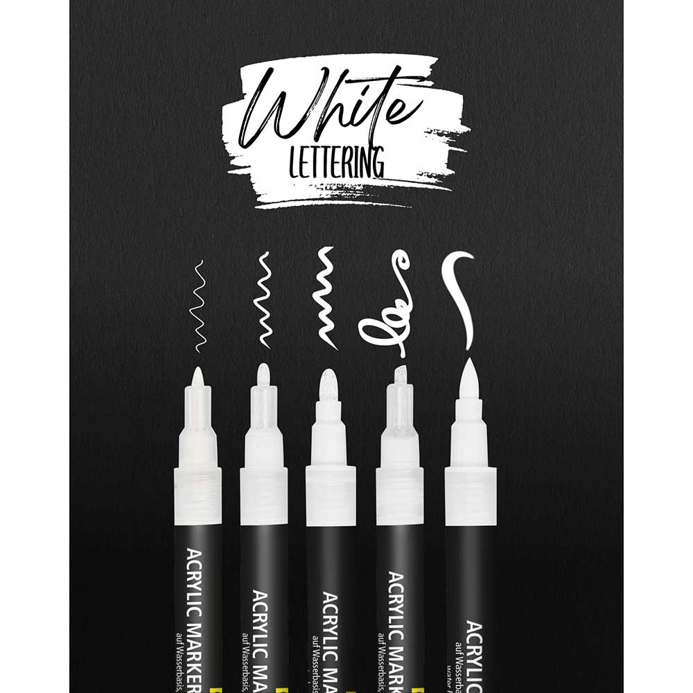 ONLINE White Lettering Set mit Acryl Marker, Fineliner und Brushpen 5 Stifte