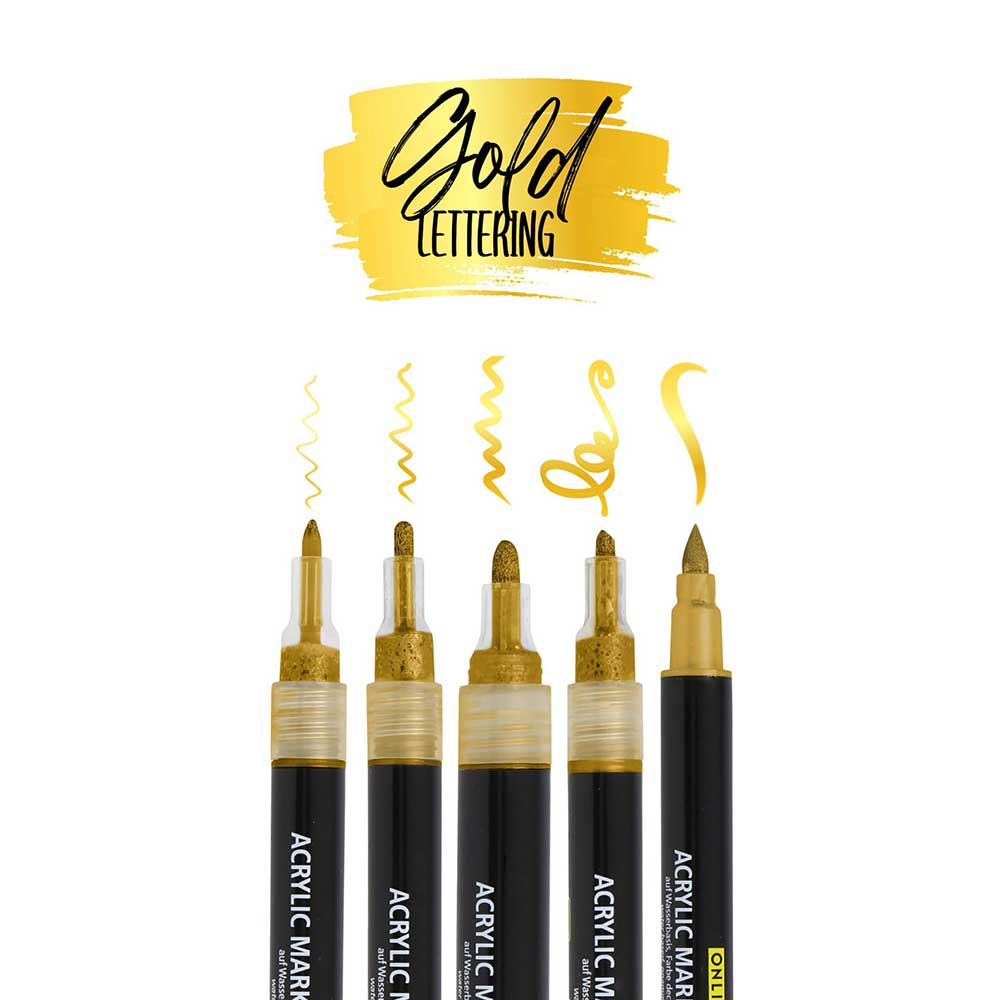 ONLINE Gold Lettering Set mit Acryl Marker, Fineliner und Brushpen 5 Stifte