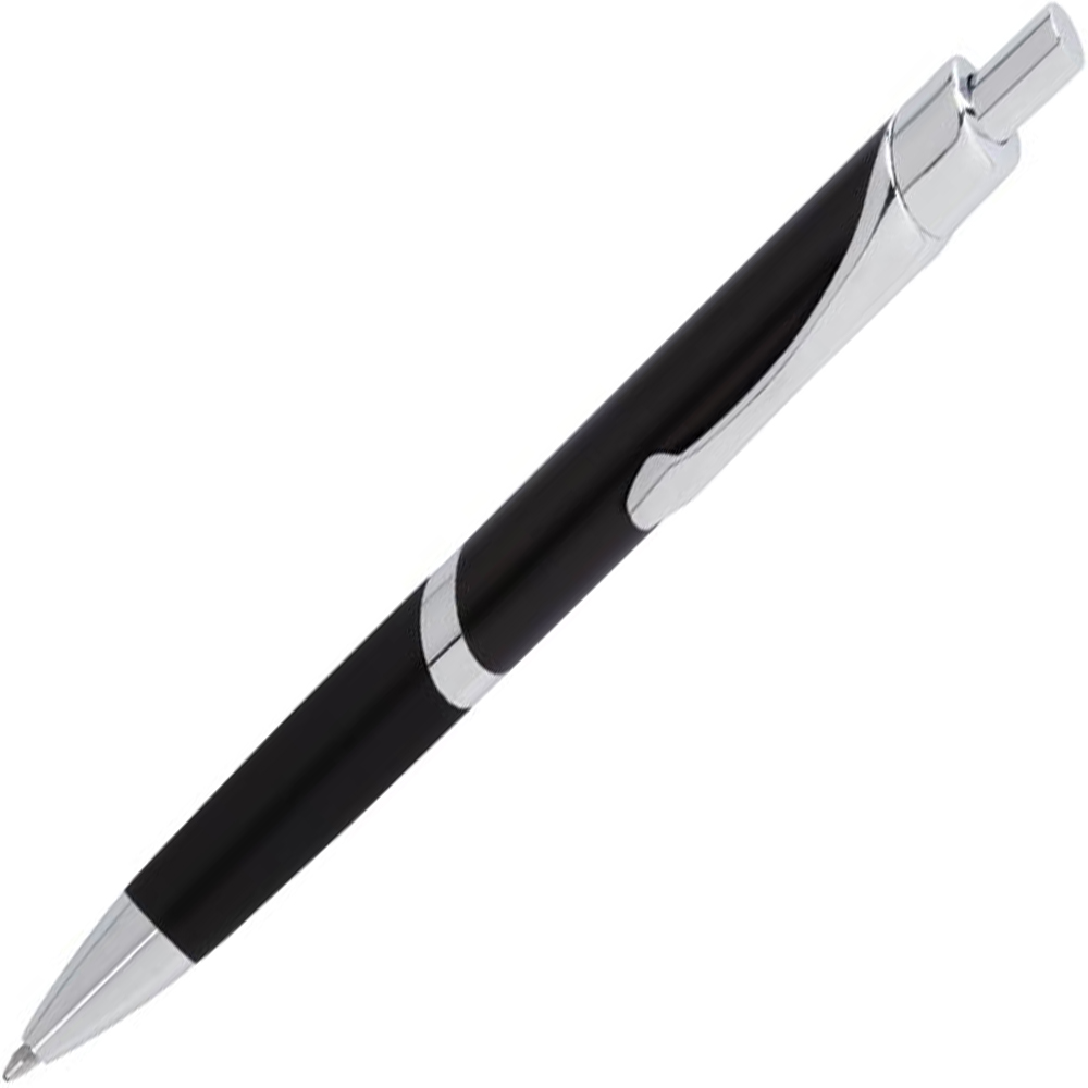 Schwarzer Kugelschreiber mit silbernen Akzenten. Schlichtes Design, ohne auffällige Muster.