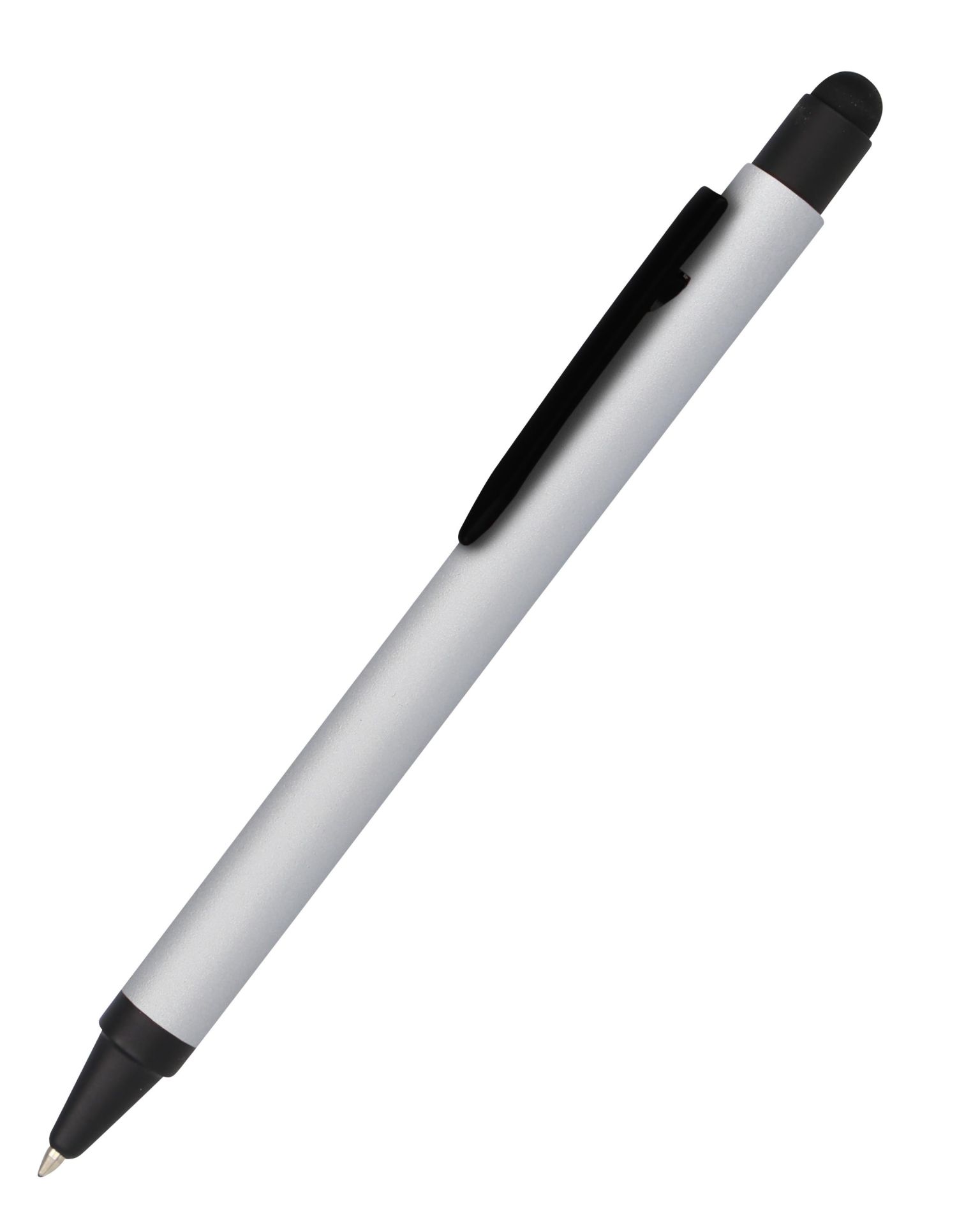 silberner Kugelschreiber mit schwarzem Clip und Spitze. Der Stift hat eine glatte Oberfläche.