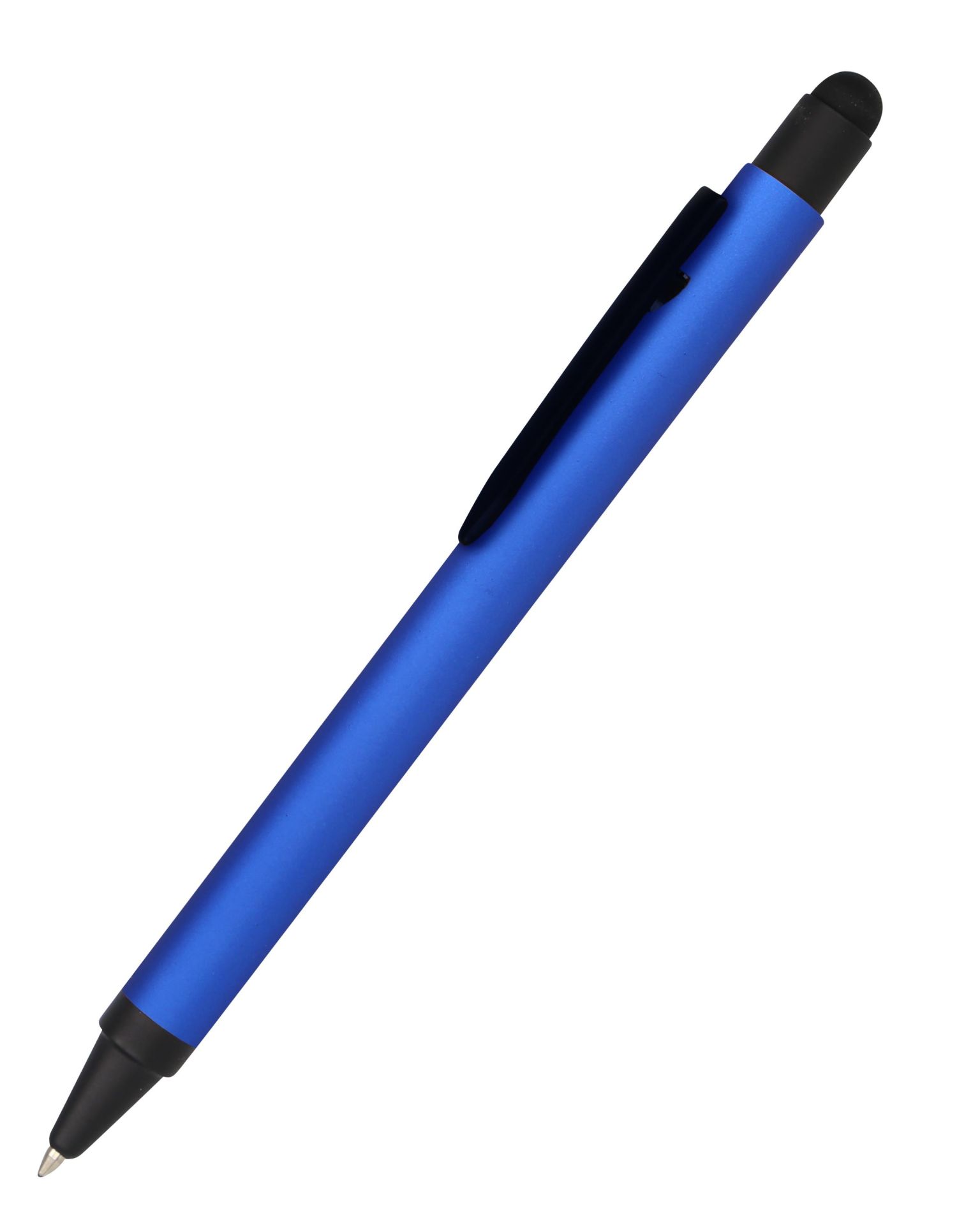 blauer Kugelschreiber mit schwarzem Clip und Gummioberfläche. Spitze ist silberfarben.