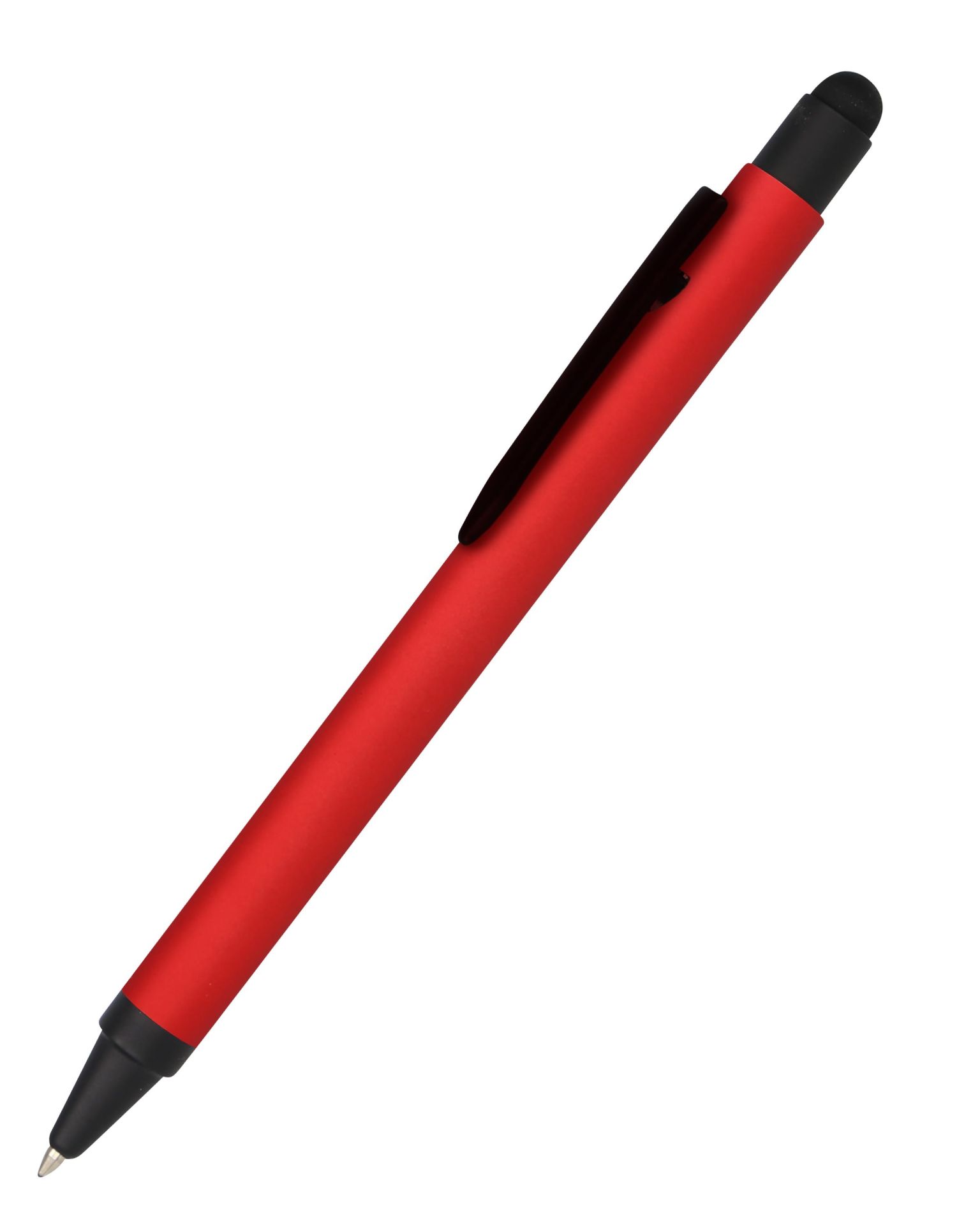 roter Kugelschreiber mit schwarzem Clip und Kappe. Die Spitze ist schwarz.