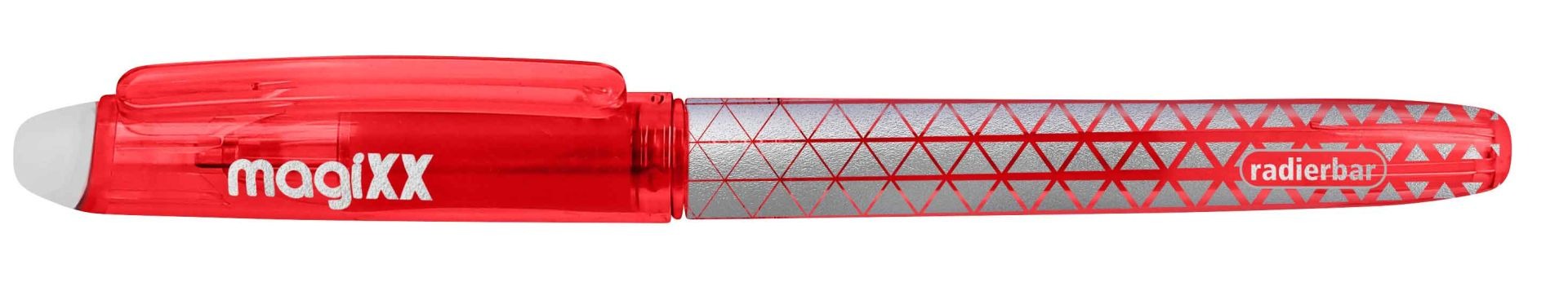 roter Radiergummi-Stift mit transparentem Gehäuse. Silberne geometrische Muster. Kappe auf einer Seite.