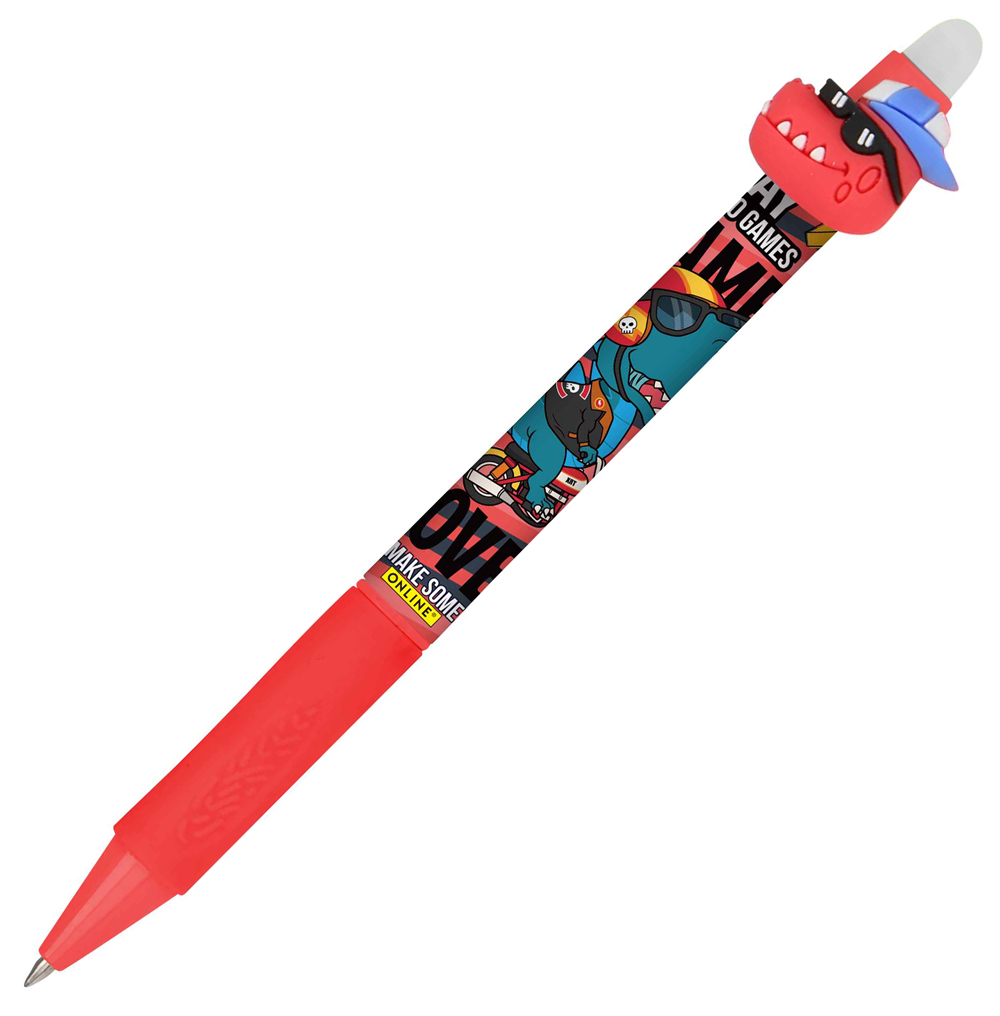 Roter Kugelschreiber mit einem Tierkopf als Spitze. Bunte Grafiken auf dem Schaft.